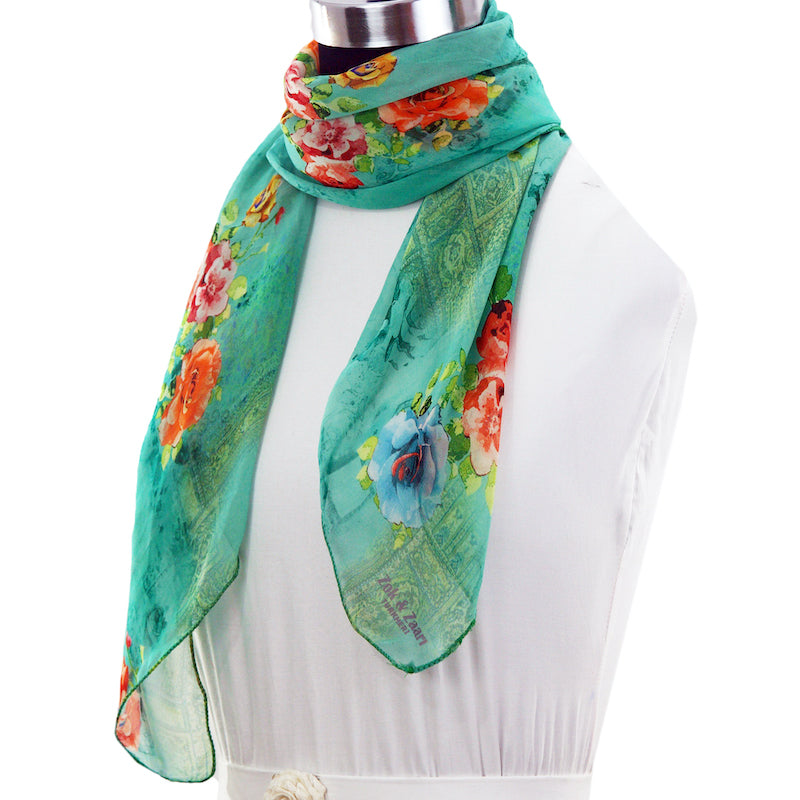 Sea green base, red flowers green leaves orange flowers blue