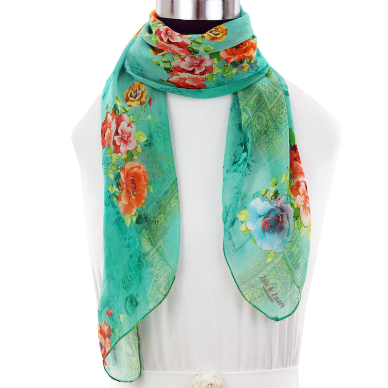 Sea green base, red flowers green leaves orange flowers blue