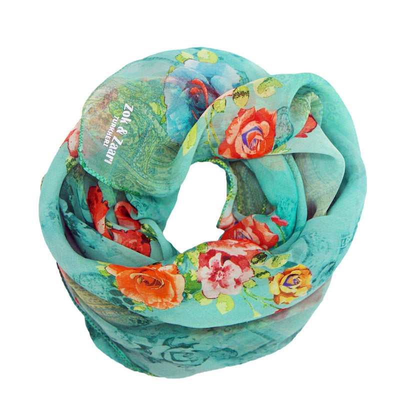 Sea green base, red flowers green leaves orange flowers blue